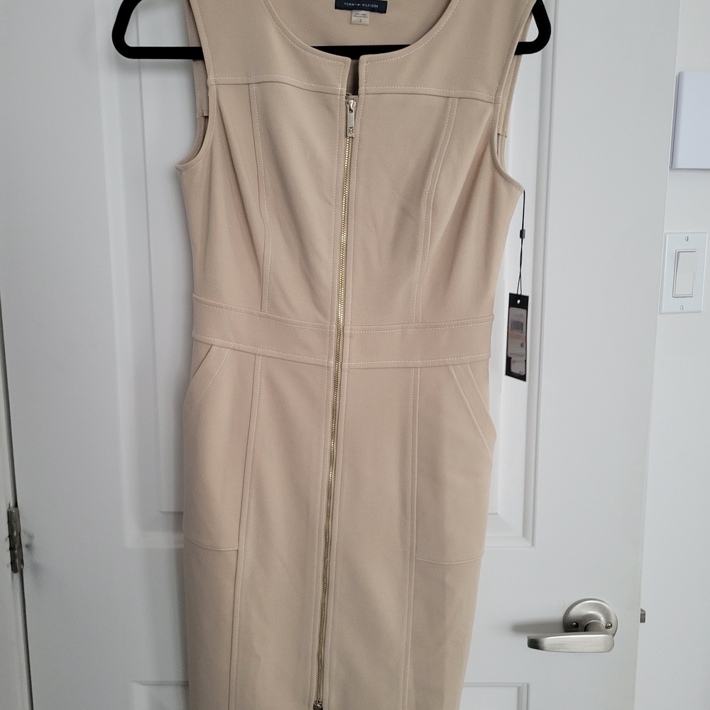 Tahari Asl Beige Zip-Front Sheath Dress